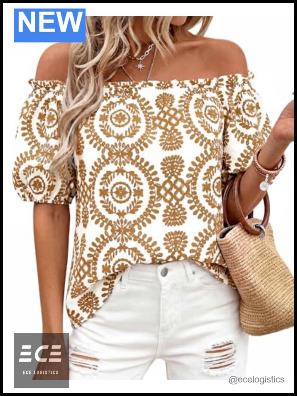 Off Shoulder Boho Peasant Blouse Puff Sleeve Floral Top Womens